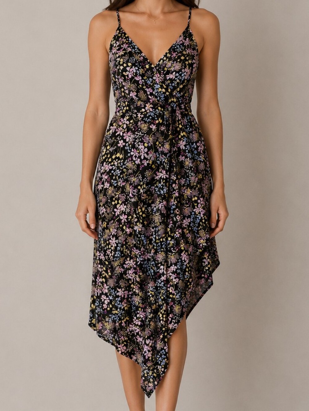 Material Girl Black Floral Asymmetrical Midi Dress ✨ Size M